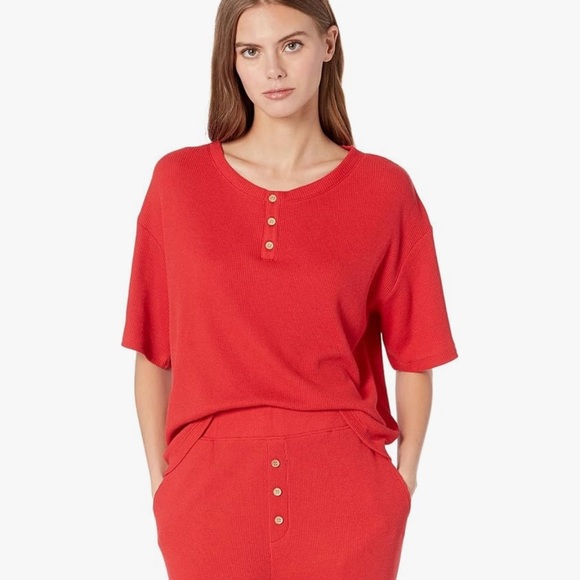 Eberjey Cozy Waffle Henley Short Sleeve Long PJ Set Red Medium Pajamas - Picture 2 of 11